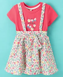 Orrigany Single Jersey Half Sleeves Top and Skirts with Suspender Floral Printed - Pink