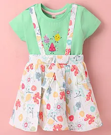 Orrigany Single Jersey Half Sleeves Top and Skirt with Suspender Floral Printed - Green