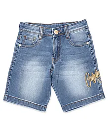 LEO Stretch Denim Origin Text Printed Button Bermuda Shorts  - Blue
