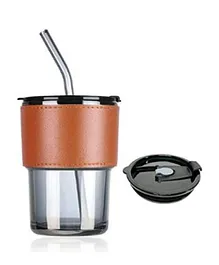 kunya Glass Tumbler Mug with Lid Straw and Protective Anti Skid Leather Sleeve - 440 ml