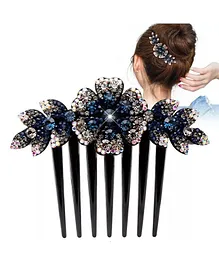 Ziory Rhinestone Embellished  Flower Design Hair Comb Pin - Black