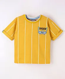 Little Kangaroos 100% Cotton Half Sleeves Drop Shoulder Striped T-Shirt - Yellow
