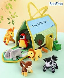 Bonfino Premium My Little Zoo House with Carry Handle| 7 Jungle Safari Plush Figurines Toys| Lion, Parrot, Crocodile, Elephant, Monkey, Giraffe, Zebra| Pretend Play| Education and Montessori Learning Toy| BIS Certified| Gifting Toy