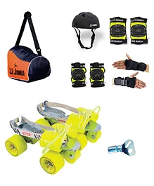 Jj Jonex Gold Adjustable Skates Combo PVC Helmet Knee Pad Elbow Pad Gloves Key Bag Medium Skating Kit- Multicolor