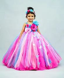Li&Li BOUTIQUE Sleeveless Rosette & Butterfly Applique  Pearl Embellished Tutu Ball Gown - Pink & Blue