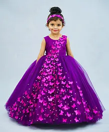Li&Li BOUTIQUE Sleeveless Spreaded 3D Butterfly Applique & Pearl Embellished Fit & Flare Gown - Purple
