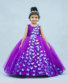 Li&Li BOUTIQUE Sleeveless Spreaded 3D Butterfly Applique & Pearl Embellished Fit & Flare Gown - Purple & Sky Blue