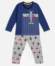 KIDSCRAFT Full Sleeves Aeroplane Printed & Placement Striped Tee With Coordinating Pyjama - Blue