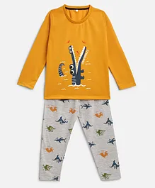 KIDSCRAFT Full Sleeves Sea Life Theme Alligator & Shark Printed Night Suit - Mustard Yellow