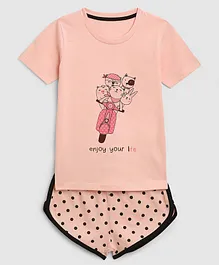 KIDSCRAFT Half Sleeves Baby Animals Riding Scooty Tee With Polka Dot Printed Curved Hem Shorts - Pink