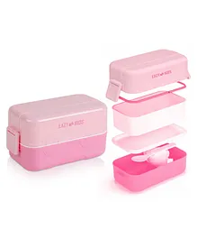 Eazy Kids Double Decker tic tac toe Lunch Box With Bento Compartment Splitter Sauce Box and Spoon 1200 ml-Pink