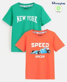 Honeyhap Premium 100% Cotton Half Sleeves Bio-Washed T-Shirt Text & F1 Car Print Pack of 2 - Fire Cracker & Holy Green