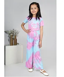 Jelly Jones Half Sleeves All Over Crumple Tie & Dyed Top With Coordinating Bell Bottom Pant - Blue & Pink