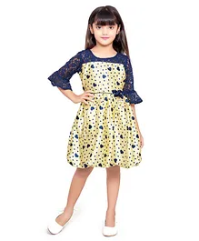 Doodle Three Fourth Bell Sleeves Lace Embellished Neckline & Seamless Heart Printed Fit & Flare Dress - Mustard Yellow