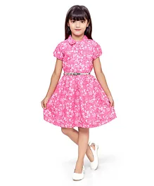 Doodle Girls Clothing Short Sleeves Seamless Intricate Flower Design Printed Fit & Flare Shirt Dress - Pink