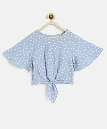 Natilene Bell Sleeves Polka Dots Printed Front Tie Up Top - Blue