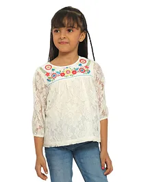 Nauti Nati Three Fourth Sleeves Floral With Lace Embroidered Top - White