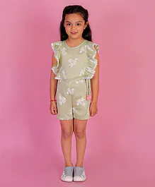 Lil Drama Sleeveless Frilled Floral Printed Jumpsuit - Green