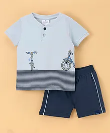 First Smile Interlock Cotton Knit Half Sleeves T-Shirt and Shorts Bicycle Print - Light Blue