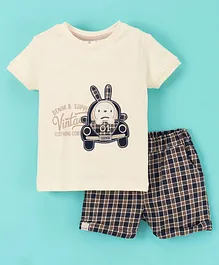 First Smile Interlock Cotton Knit Half Sleeves T-Shirt and Checked Shorts Bunny in Car Patch - Cream