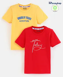 Honeyhap Premium 100% Cotton Half Sleeves Bio-Washed T-Shirt Text Print Pack of 2 - High Risk Red & Samoan Sun