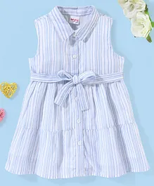 Babyhug Yarndyed Striped Cotton Dobby Sleeveless Front Open Fit & Flare Collar Frock with Belt- White & Blue