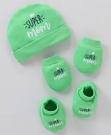 Simply Interlock Cotton Knit Cap Mittens & Booties Set Text Print Green - Diameter 10.5 cm