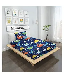 Filymore Dinasour Printed Single Bedsheet With 1 Pillow Cover - Blue