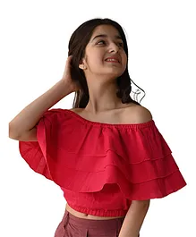 Lilpicks Couture Half Off Shoulder Sleeves Solid Flounce Layered Top - Pink