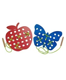 GYANOTOY Wooden Lacing Toy  Pack Of 2 Apple & Butterfly - Red & Blue