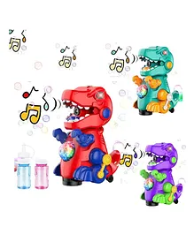 HAPPY HUES Dinosaur Bubble Maker Machine with Colorful LED Lights Musical & Walking Dino (Color May Vary)