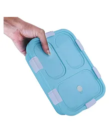 HAPPY HUES  Bento with Lock Stainless Steel Lunch Box with Spoon & Leak Proof for Kids & Office 3 Compartments- Blue