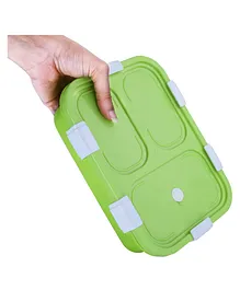 HAPPY HUES  Bento with Lock Stainless Steel Lunch Box with Spoon & Leak Proof for Kids & Office 3 Compartments- Green
