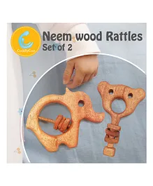 CuddlyCoo Elephant & Teddy Shape Neemwood Rattle Toy Pack Of 2 - Brown