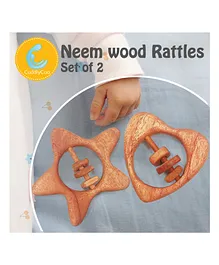 CuddlyCoo Star & Heart Shape Neemwood Rattle Toy Pack Of 2 - Brown