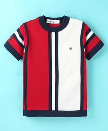 Noddy Half Sleeves Abstract Striped Colour Blocked Tee - Red