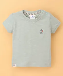 First Smile Cotton Half Sleeves Ship Embroidery T-Shirt - Grey