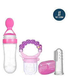 Tiny Tycoonz Combo of Silicone Squeezy Food Feeder Bottle With Spoon - Pink