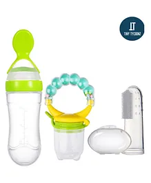 Tiny Tycoonz Combo of Silicone Squeezy Food Feeder Bottle With Spoon - Green