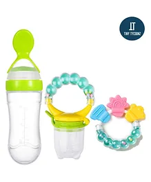 Tiny Tycoonz Combo of Silicone Squeezy Food Feeder Bottle With Spoon Rattle Teether and Silicone Rattle Fruit & Food Nibbler - Green