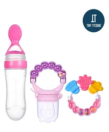 Tiny Tycoonz Combo of Silicone Squeezy Food Feeder Bottle With Spoon Rattle Teether and Silicone Rattle Fruit & Food Nibbler - Pink