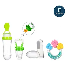 Tiny Tycoonz Combo of Silicone Squeezy Food Feeder Bottle With Spoon, Rattle Teether, Soft Silicone Finger Toothbrush and Silicone Rattle Fruit And Food Nibbler