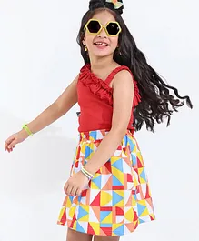 Ollington St. 100% Cotton One Shoulder Sleeveless Frilled Top With Geometric Print Skirt- Red & Yellow