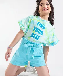 Ollington St. 100% Cotton Batwing Sleeves Tie & Dye Graphic Print Top with Knitted Paper Bag Waist Shorts - Green & Blue