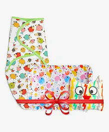 SuperBottoms Must-Have Gift Set for Newborns-Mustard Seed Pillow Swaddle Wrap and Toy - Multicolour