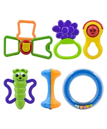 WISHKEY Plastic Colorful Non Toxic BPA Free 1 Shake & Grab Rattles and 5 Soothing Tether Toy for Infants Pack of 6 Multicolour