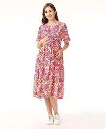 Bella Mama Soft Rayon Short Sleeves Maternity Dresses With Pocket Floral Print - Peach