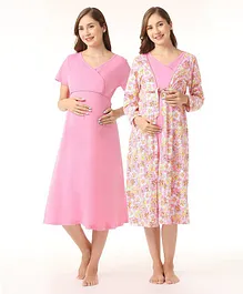 Bella Mama 100% Cotton Three Forth Sleeves Nursing Labour Gown With Shrug - Pink