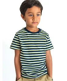 Campana 100% Cotton Half Sleeves Rugby Striped Ringer Tee - Navy Blue & Grey