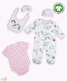 Baby Moo Organic Cotton Pack Of 5  Full Sleeves Unicorn Theme Printed Romper Gift Set - Pink
